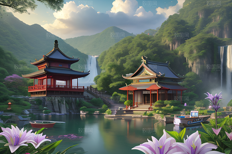 清新梦境湖畔寺庙与瀑布的奇幻之旅