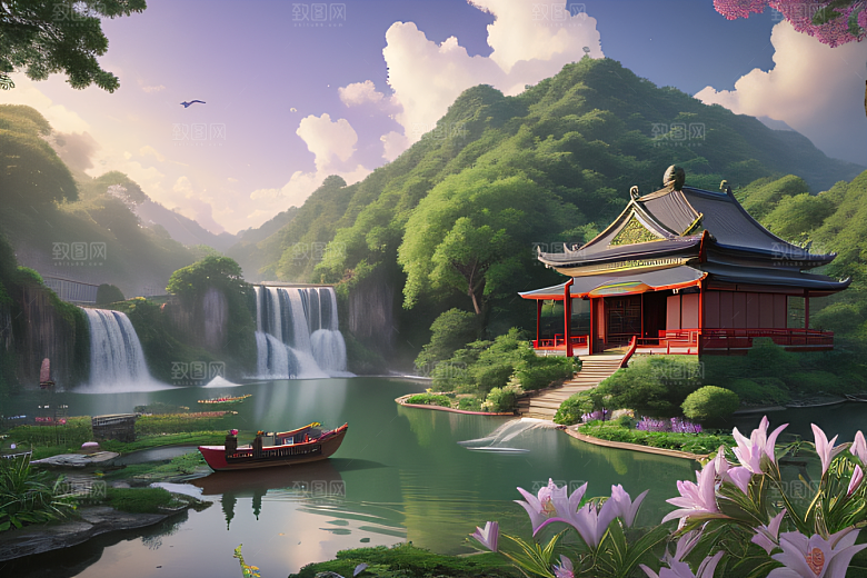 清新梦境湖畔寺庙与瀑布的奇幻之旅