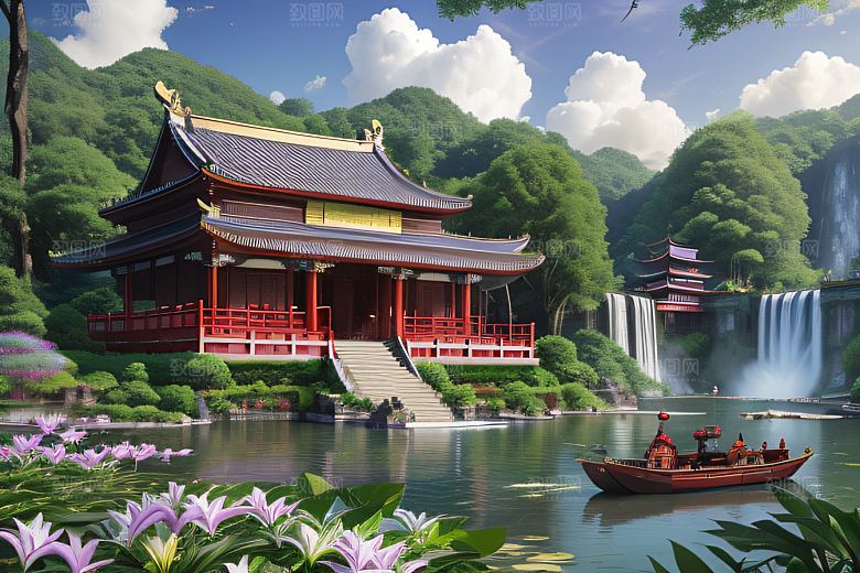 清新梦境湖畔寺庙与瀑布的奇幻之旅