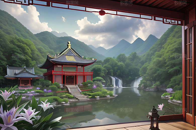 清新梦境湖畔寺庙与瀑布的奇幻之旅