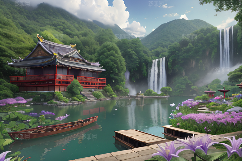 清新梦境湖畔寺庙与瀑布的奇幻之旅
