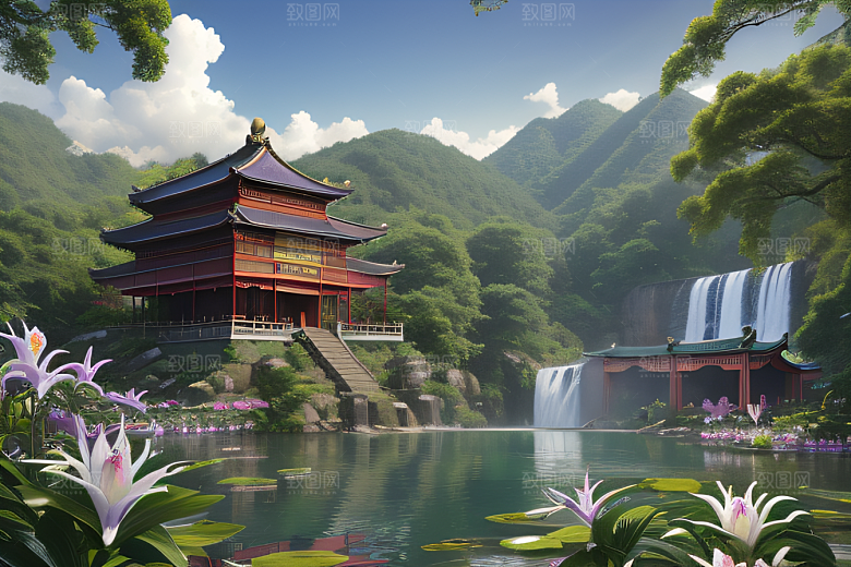 清新梦境湖畔寺庙与瀑布的奇幻之旅