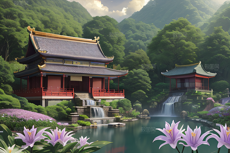 清新梦境湖畔寺庙与瀑布的奇幻之旅