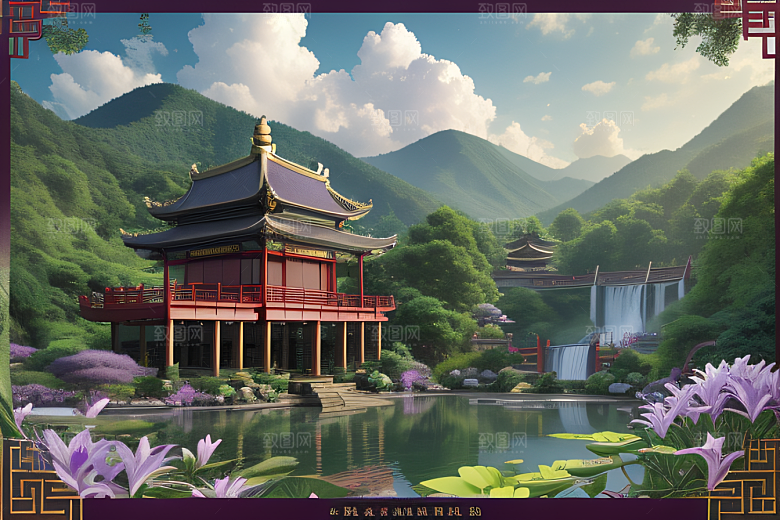 清新梦境湖畔寺庙与瀑布的奇幻之旅