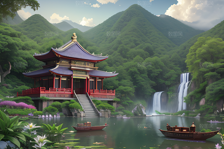 清新梦境湖畔寺庙与瀑布的奇幻之旅