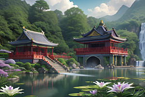 紫色花海湖畔仙境中的睡莲花园