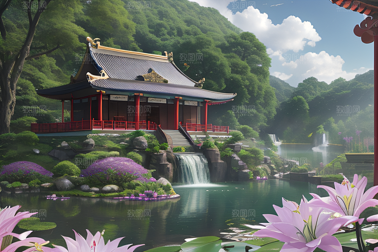 紫色花海湖畔仙境中的睡莲花园