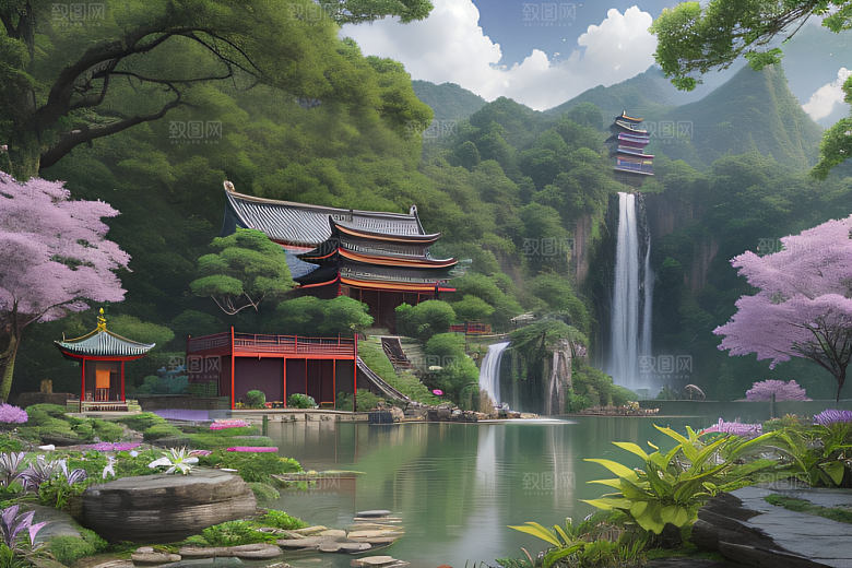 紫色花海湖畔仙境中的睡莲花园