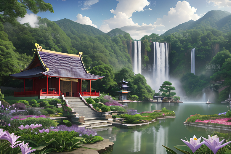 紫色花海湖畔仙境中的睡莲花园