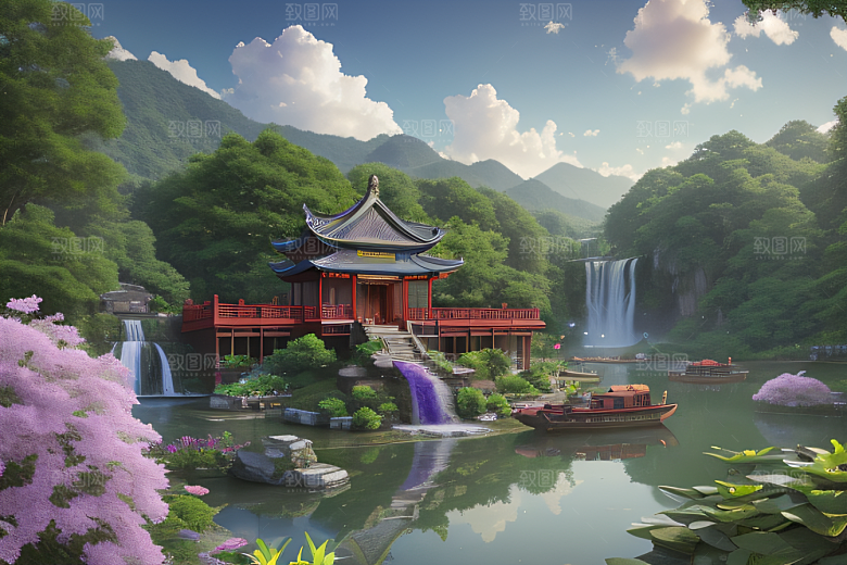 紫色花海湖畔仙境中的睡莲花园