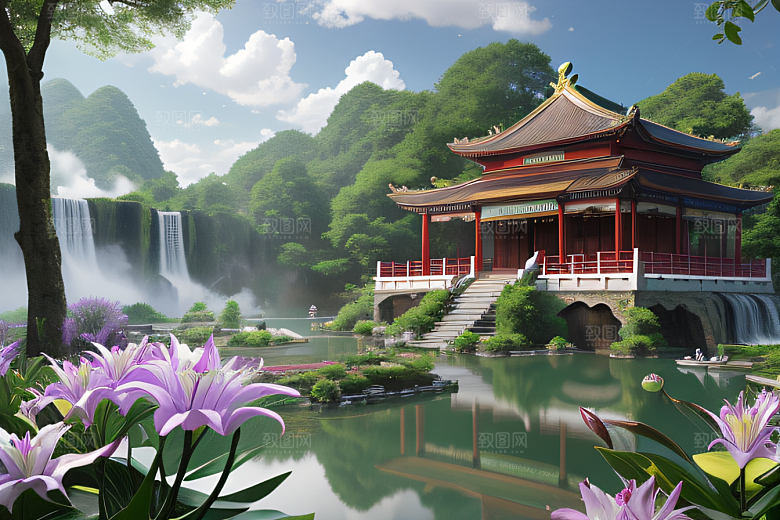 紫色花海湖畔仙境中的睡莲花园