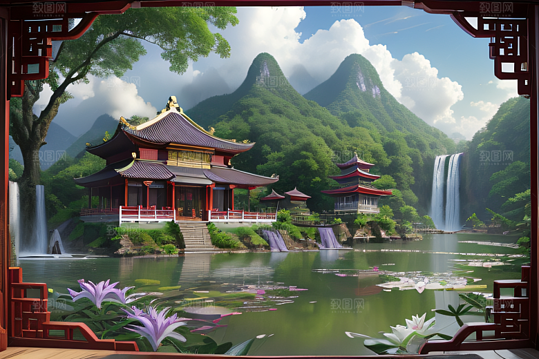 紫色花海湖畔仙境中的睡莲花园