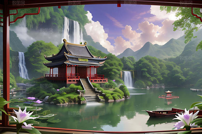 紫色花海湖畔仙境中的睡莲花园