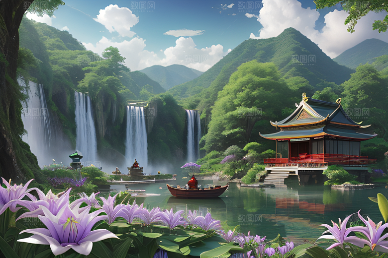紫色花海湖畔仙境中的睡莲花园