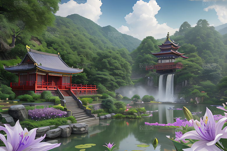 紫色花海湖畔仙境中的睡莲花园