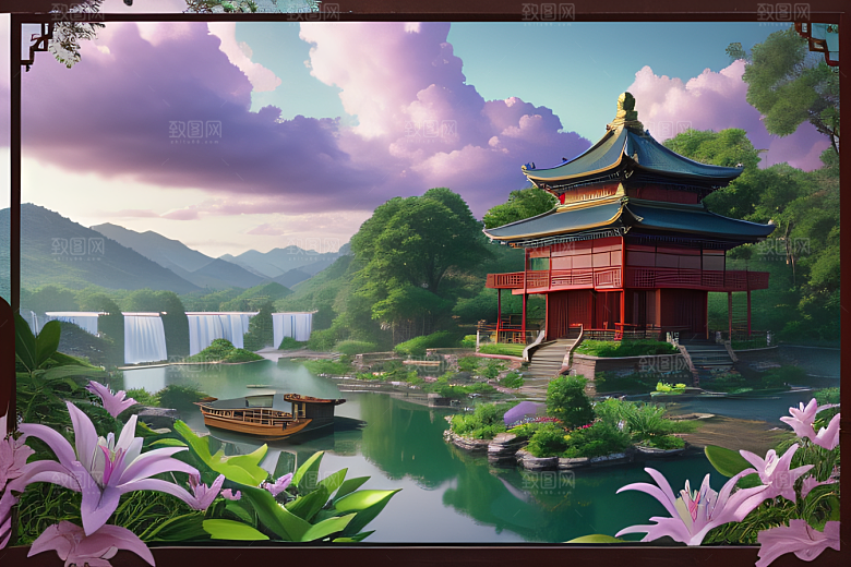 紫色花海湖畔仙境中的睡莲花园