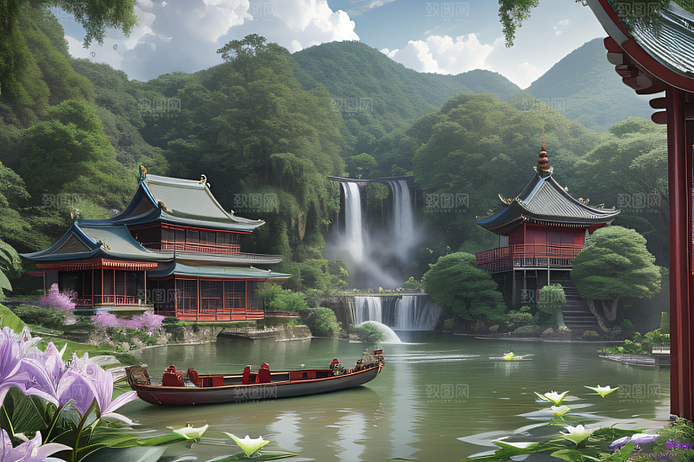 紫色花海湖畔仙境中的睡莲花园
