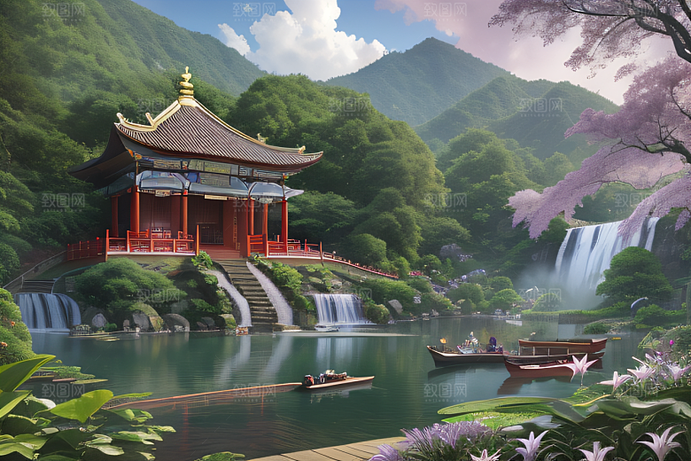 紫色花海湖畔仙境中的睡莲花园