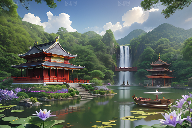 紫色花海湖畔仙境中的睡莲花园