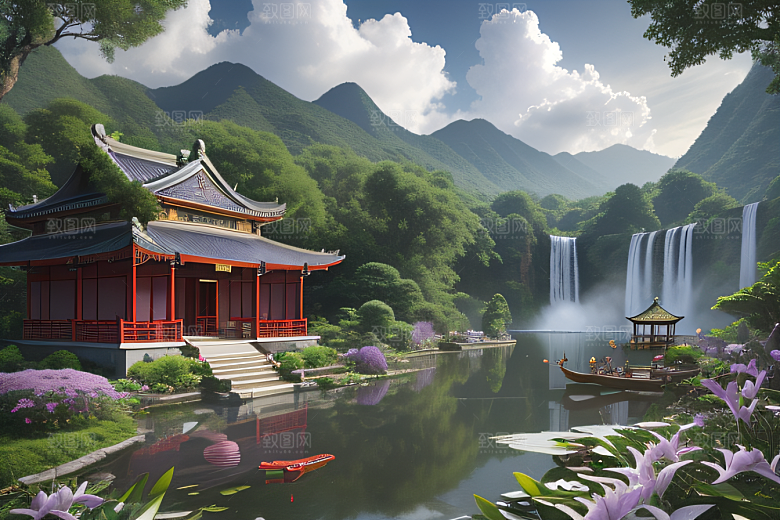 紫色花海湖畔仙境中的睡莲花园
