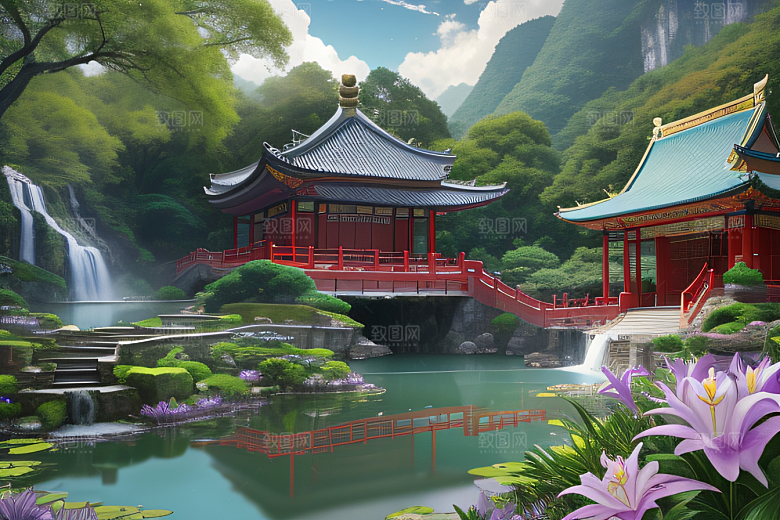 紫色花海湖畔仙境中的睡莲花园
