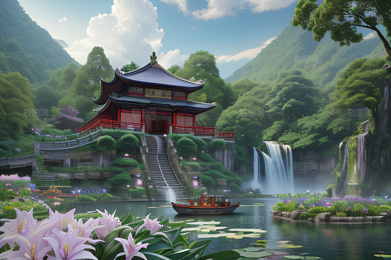 紫色花海湖畔仙境中的睡莲花园