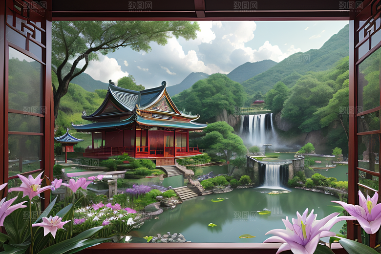 紫色花海湖畔仙境中的睡莲花园