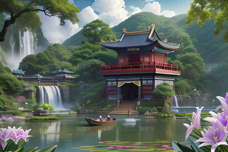 紫色花海湖畔仙境中的睡莲花园