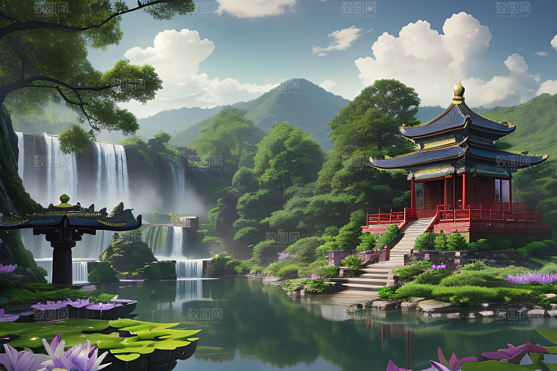 奇幻仙境湖畔寺庙与瀑布的浪漫景观