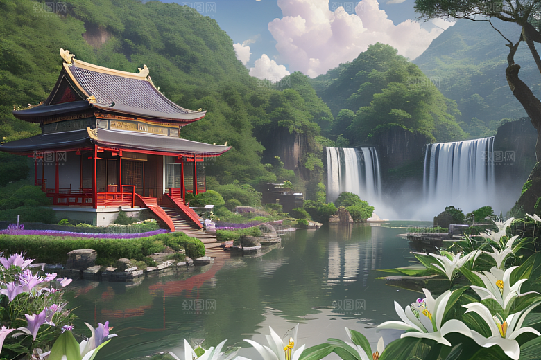 奇幻仙境湖畔寺庙与瀑布的浪漫景观