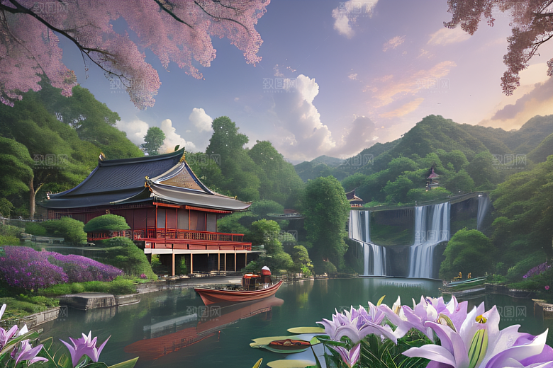 奇幻仙境湖畔寺庙与瀑布的浪漫景观