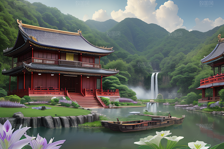 奇幻仙境湖畔寺庙与瀑布的浪漫景观