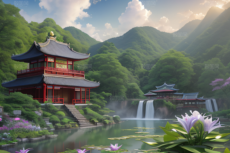奇幻仙境湖畔寺庙与瀑布的浪漫景观