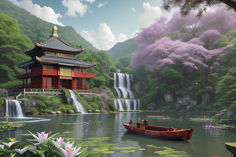 奇幻仙境湖畔寺庙与瀑布的浪漫景观