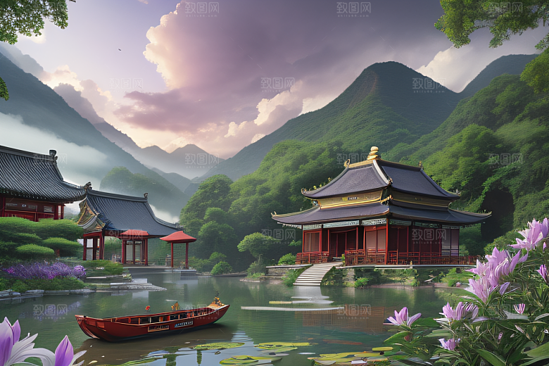 奇幻仙境湖畔寺庙与瀑布的浪漫景观