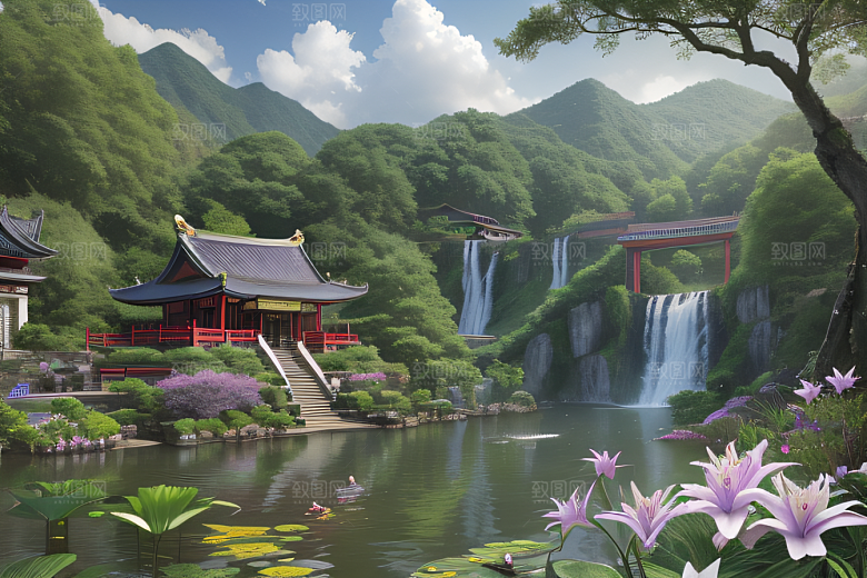 奇幻仙境湖畔寺庙与瀑布的浪漫景观