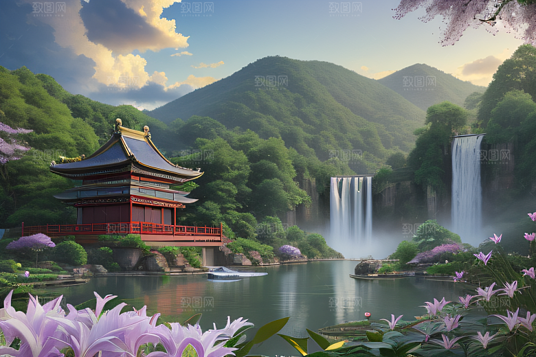 奇幻仙境湖畔寺庙与瀑布的浪漫景观