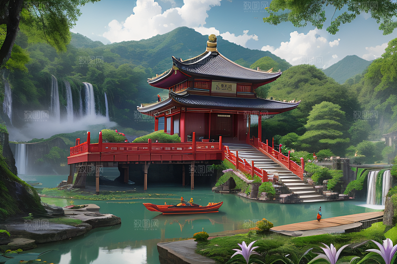 奇幻仙境湖畔寺庙与瀑布的浪漫景观