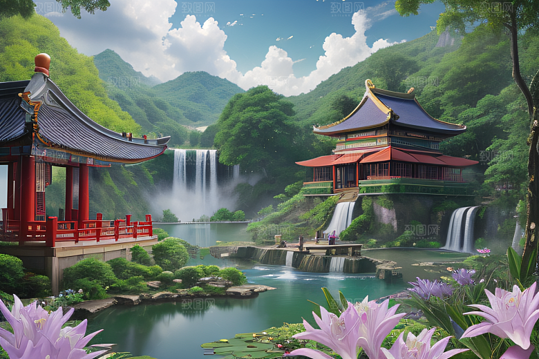 奇幻仙境湖畔寺庙与瀑布的浪漫景观