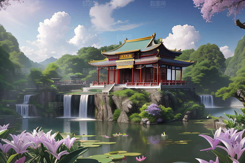 奇幻仙境湖畔寺庙与瀑布的浪漫景观