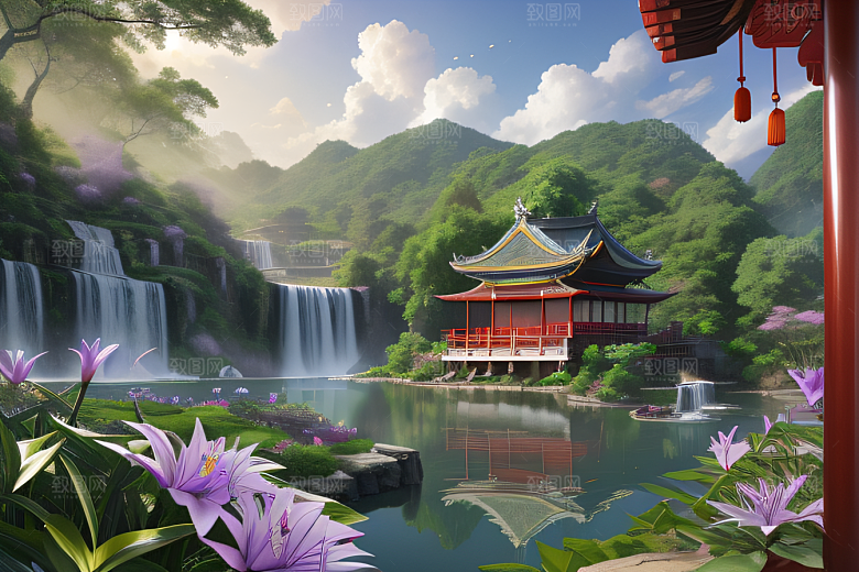 奇幻仙境湖畔寺庙与瀑布的浪漫景观