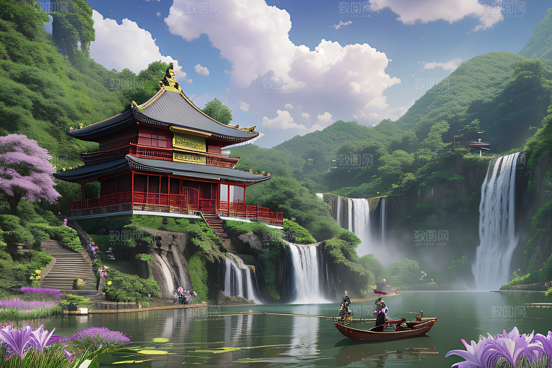 奇幻仙境湖畔寺庙与瀑布的浪漫景观