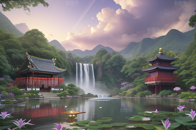 奇幻仙境湖畔寺庙与瀑布的浪漫景观