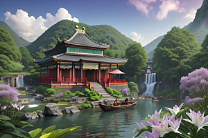 奇幻仙境湖畔寺庙与瀑布的浪漫景观