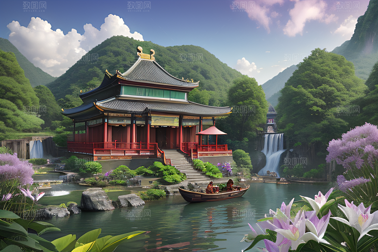 奇幻仙境湖畔寺庙与瀑布的浪漫景观