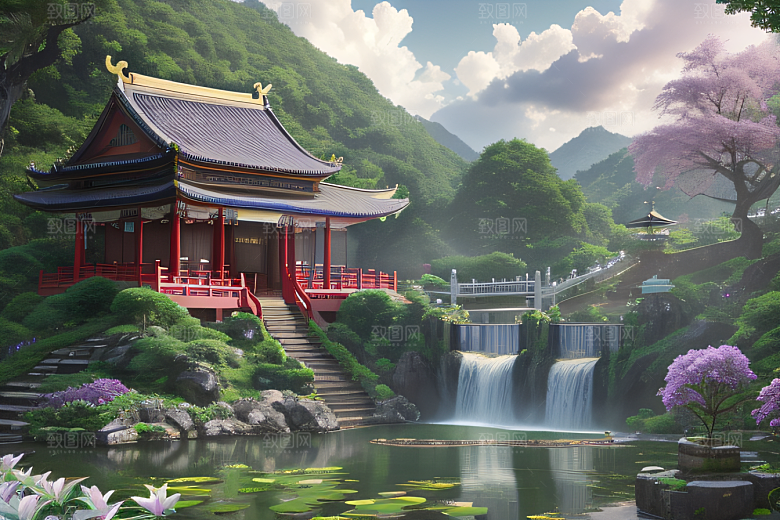 奇幻仙境湖畔寺庙与瀑布的浪漫景观
