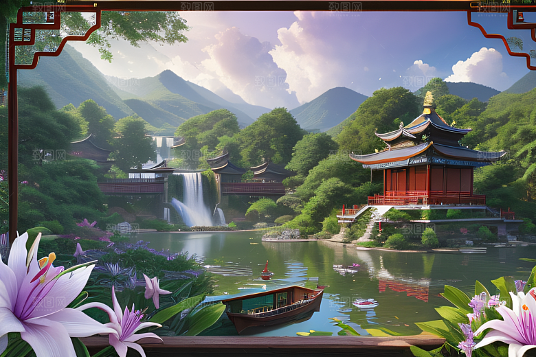 奇幻仙境湖畔寺庙与瀑布的浪漫景观