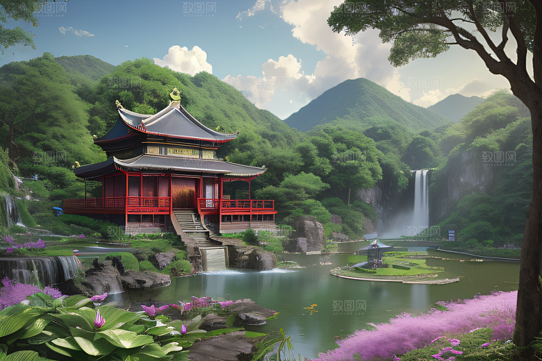奇幻仙境湖畔寺庙与瀑布的浪漫景观