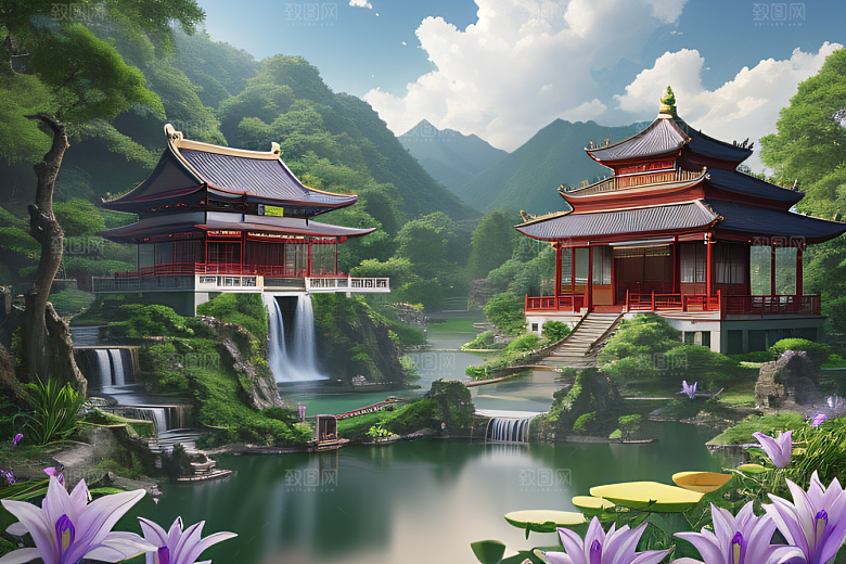 绿意盎然湖畔仙境中的紫色睡莲花园