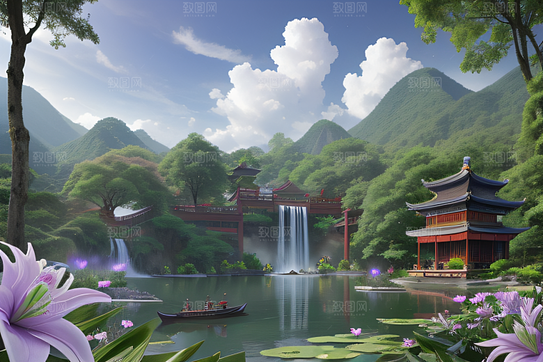 绿意盎然湖畔仙境中的紫色睡莲花园